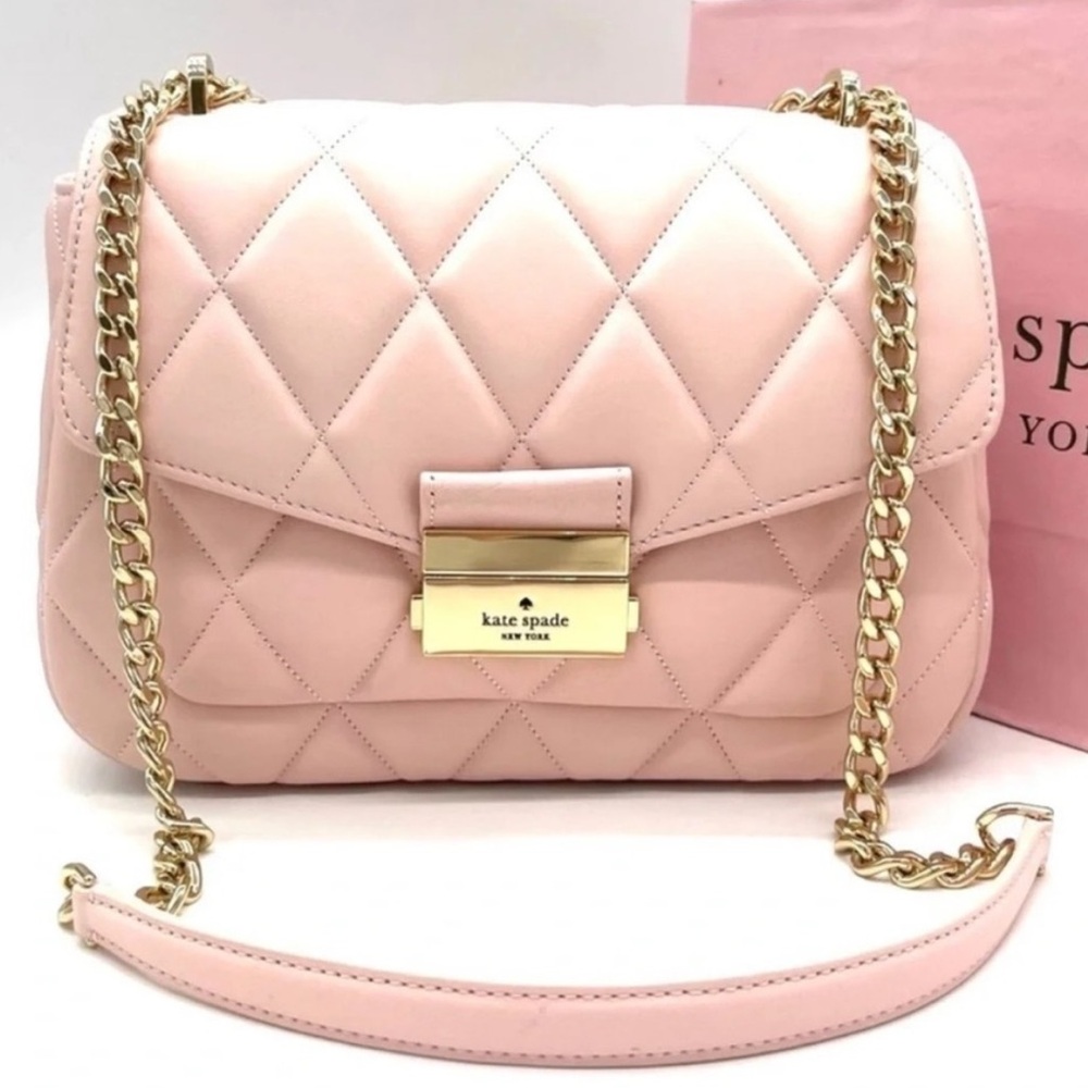 Kate Spade Carey Small Quilted Flap Shoulder Crossbody Bag Light Pink/ Gold - Picture 2 of 10